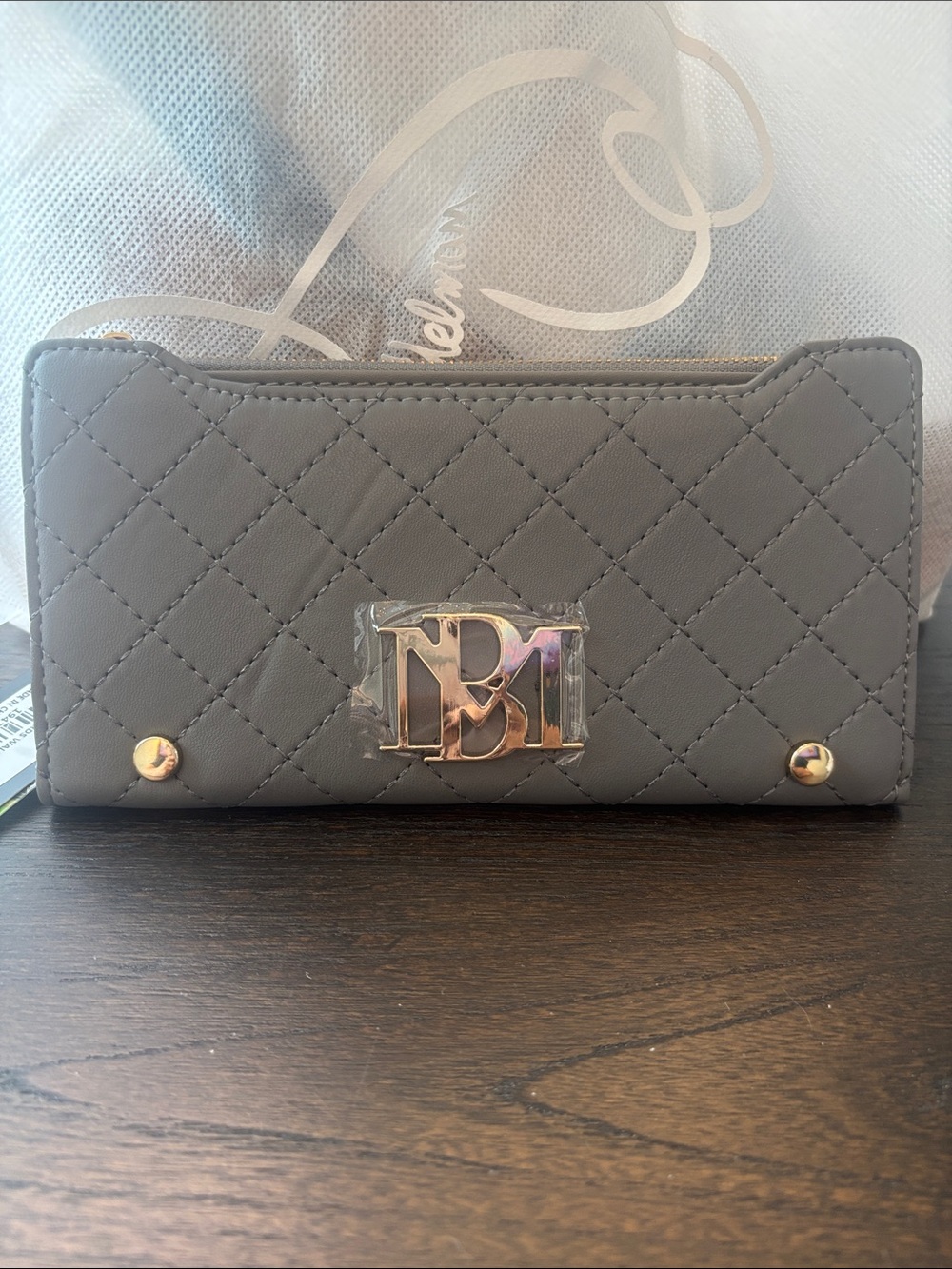 Badgley Mischka Quilted Gray Wallet with Gold Hardware